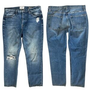 Frame Le Pegged Cotton Medium Wash Button Fly Ripped Rigid Straight Leg Jeans 29